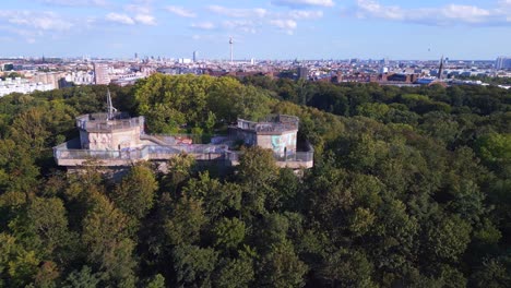 Stunning-aerial-top-view-flight-Flak-tower-Humboldthain-Bunker-World-War-2,-Berlin-mitte-summer-2023