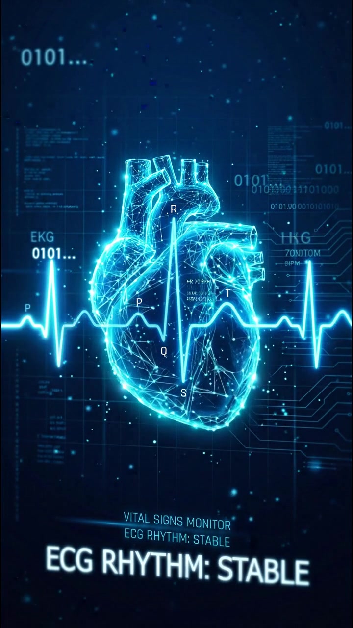 Video verticale con display grafico a linee del battito cardiaco ECG su sfondo blu