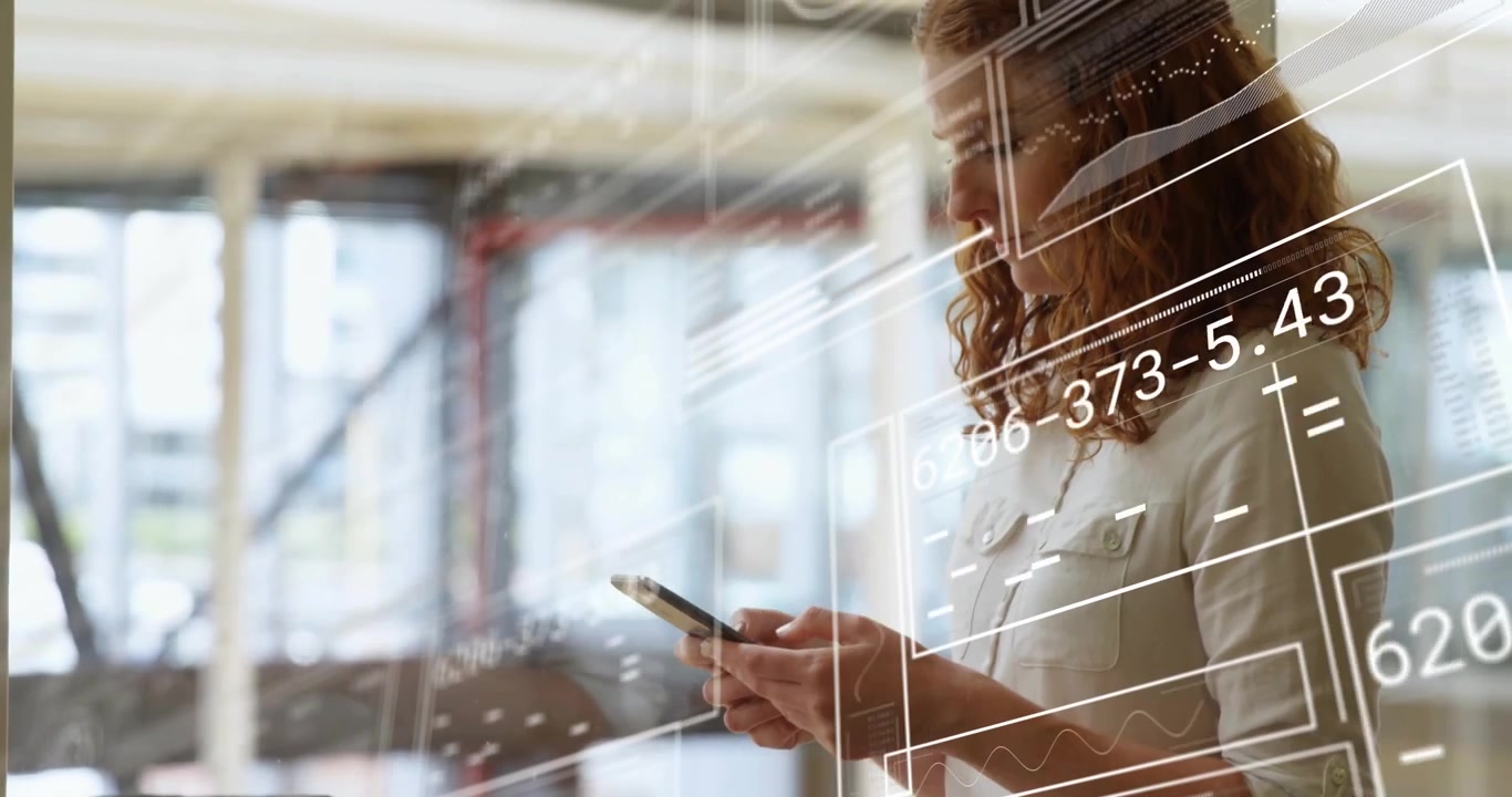 woman lifting smartphone, checking data in tech hub, starting digital overlays reacting to gestures