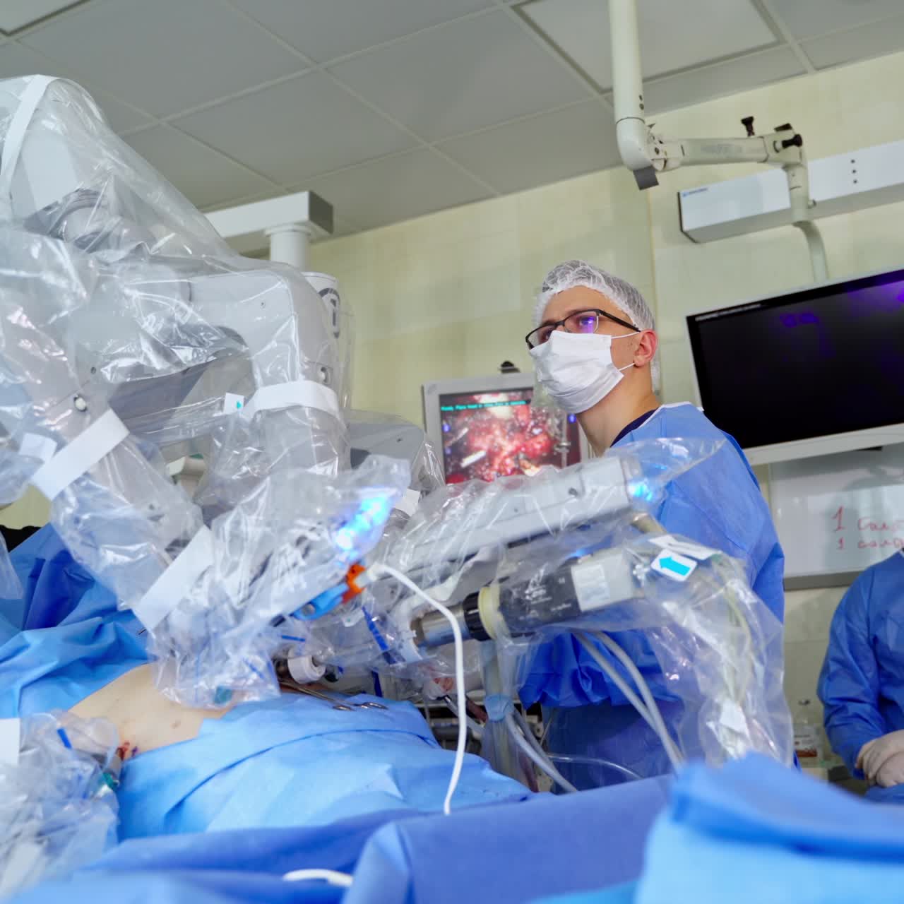 Robot surgery technology for operation. Medicine surgical machine with robot surgical system in hospital