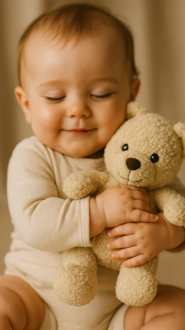 A heartwarming close-up of a smiling baby hugging a teddy bear, captured at eye level