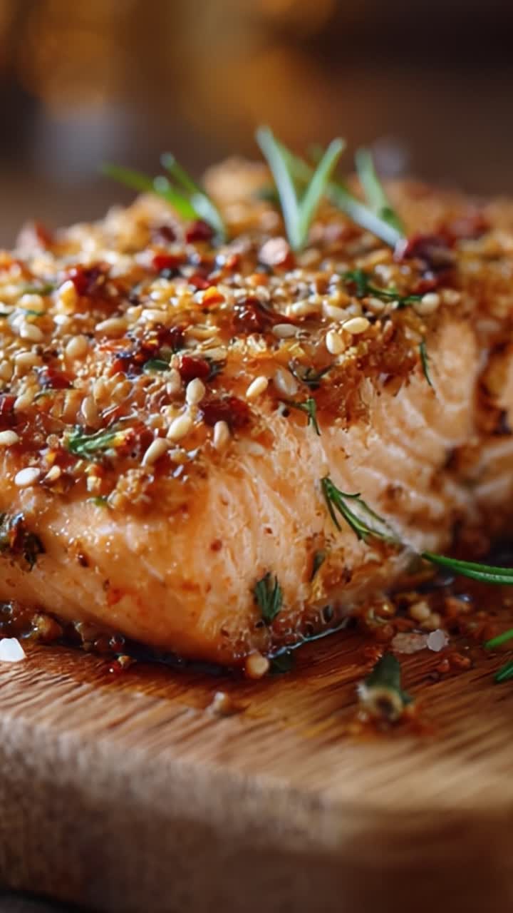 Köstlich glasierter Lachs, garniert mit frischen Kräutern und knackigen Samen auf einem rustikalen Holzbrett, aufgenommen in zwei Frames von einer kulinarischen Präsentation