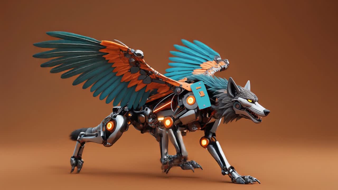 Render 3D di un lupo robotico con ali colorate