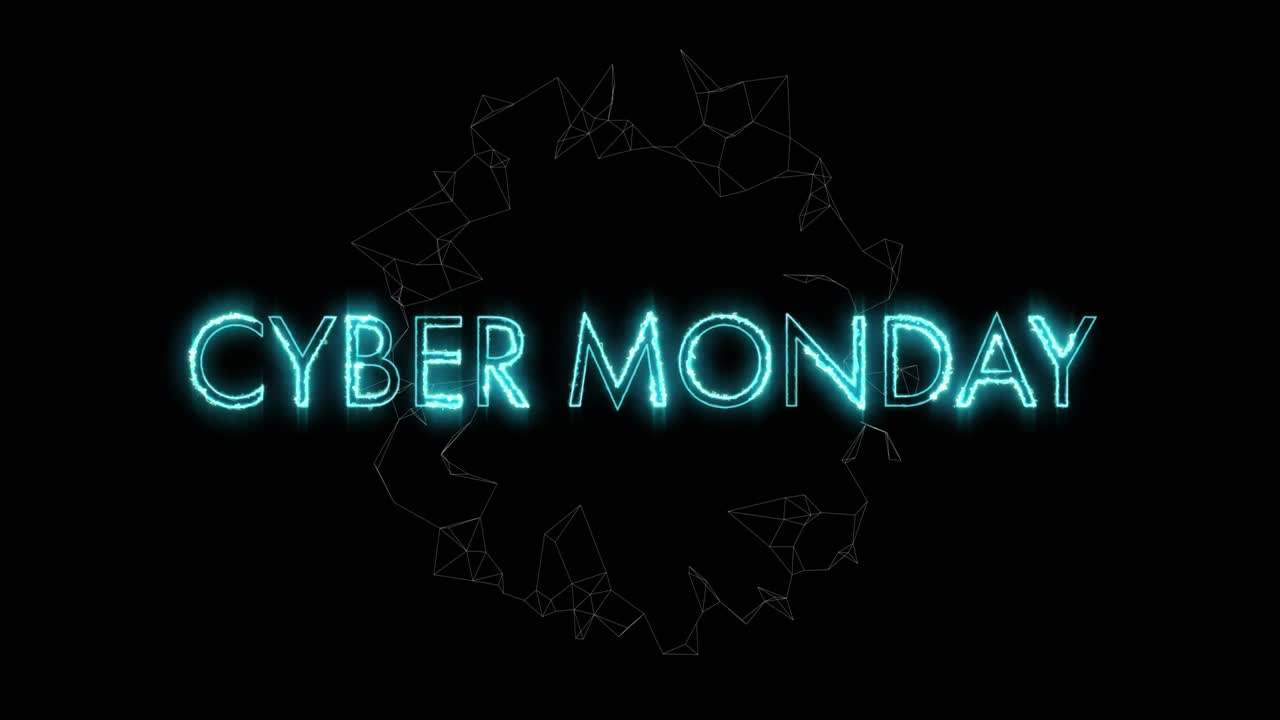 Animation of cyber monday text over spinning network of connections on black background
