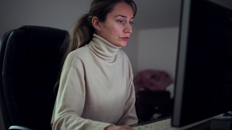 A young woman is working intently at her computer in a comfortable indoor space during the evening. She appears focused and dedicated to her tasks, creating a calm atmosphere