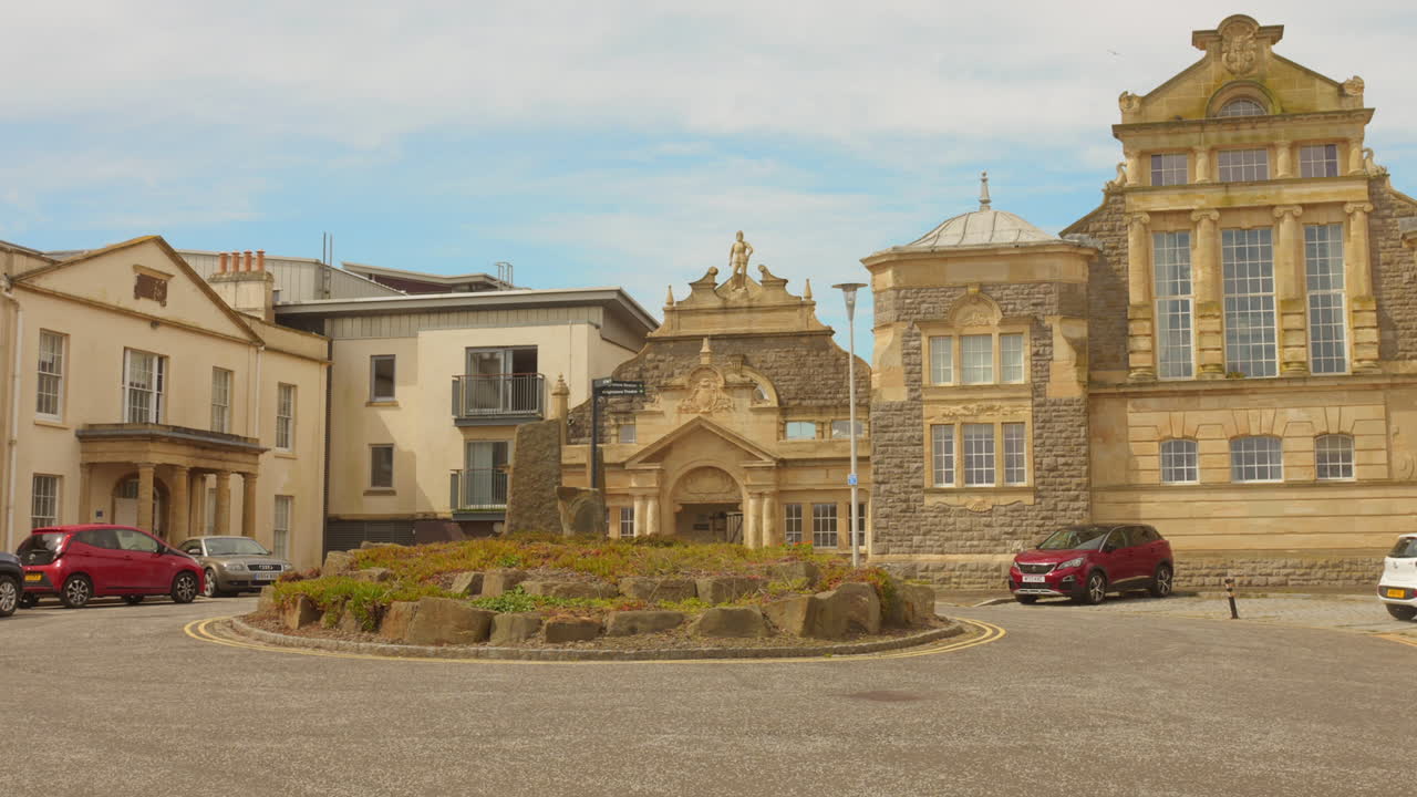 Profile view of exterior architecture of a palace in Knightstone Island of Weston-super-mare, England.