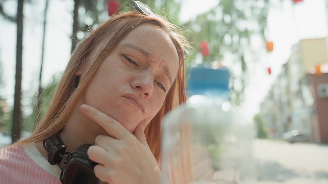 Young woman with long hair holds plastic water bottle outdoors wearing headphones around her neck. scene features soft natural light and urban background with trees and buildings visible