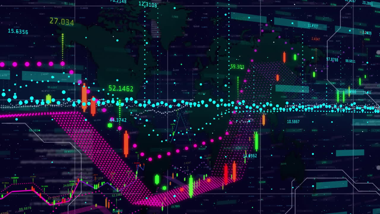 Animation of financial data processing over grid on dark background
