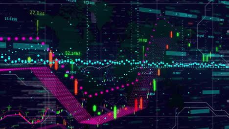 animación del procesamiento de datos financieros sobre una cuadrícula sobre un fondo oscuro