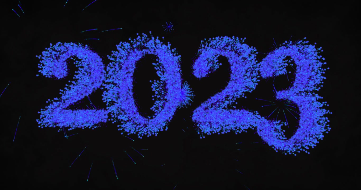 Animazione del 2023 e fuochi d'artificio blu che esplodono su sfondo nero.
