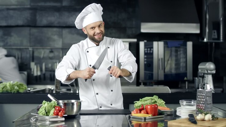 Koch bereitet sich in der Restaurantküche auf das Kochen vor. Männlicher Koch posiert mit Messern.