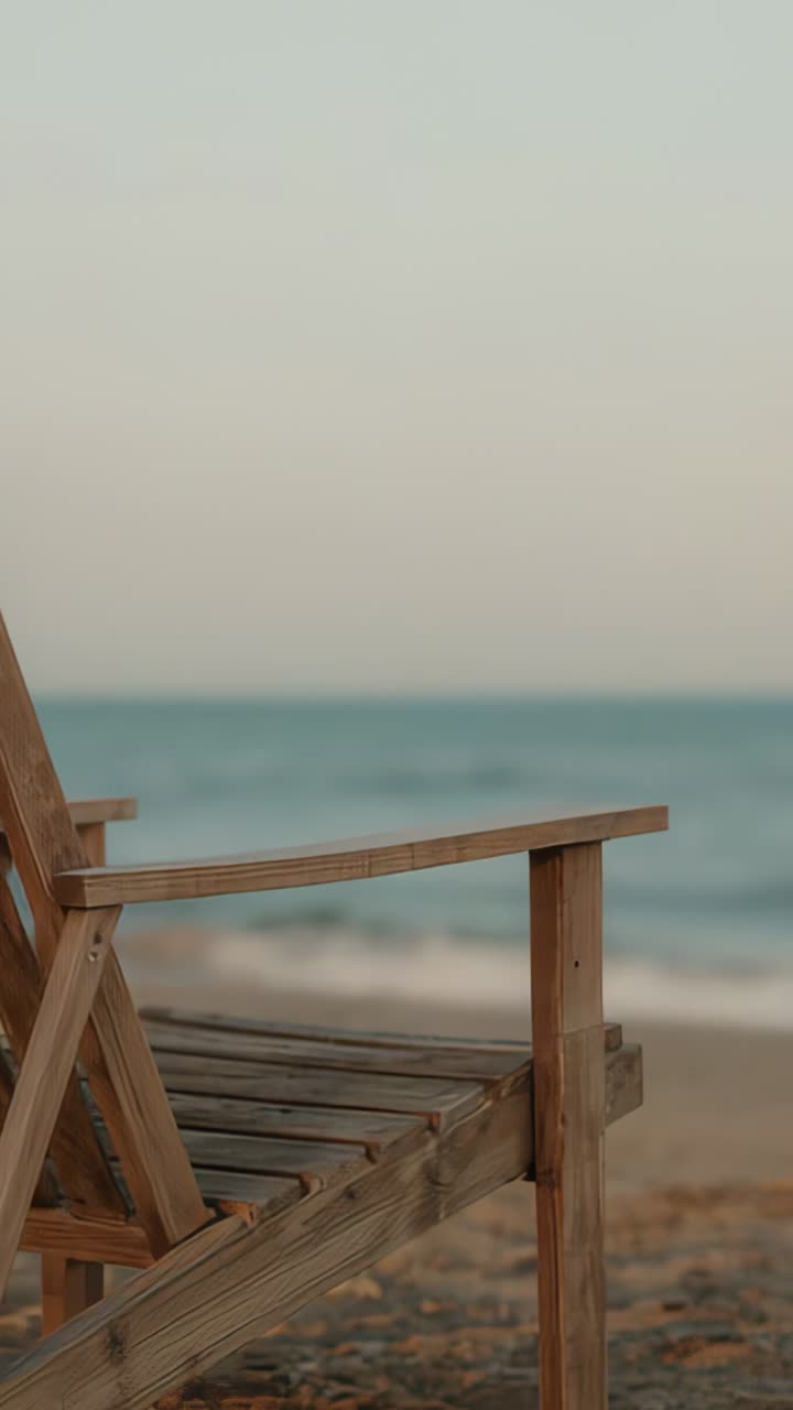 Vertical video: Sitting wooden lounge chair receiving gentle ocean waves on beach, copy space
