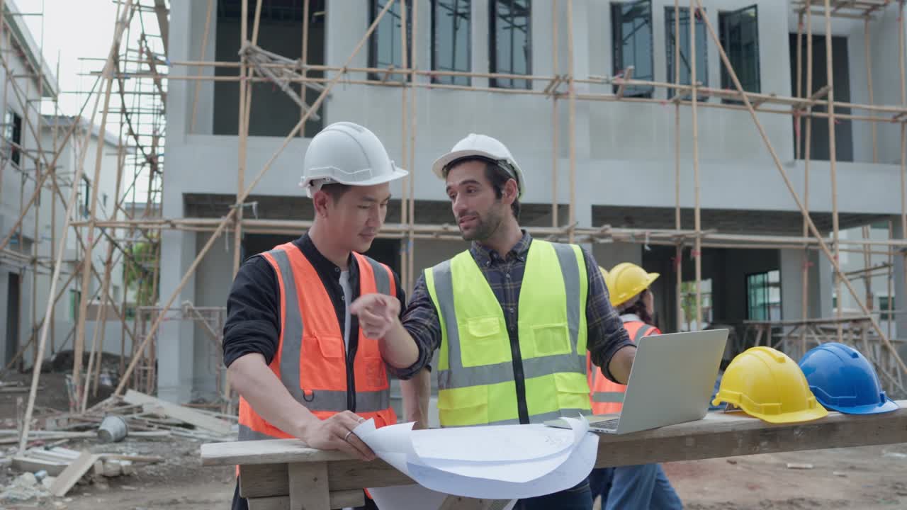 gerente profesional de ingenieros civiles masculinos o arquitectos y capataz, trabajador. mientras se reúnen discutir inspeccionar con computadora portátil, proyecto de construcción de plano en el sitio de construcción.