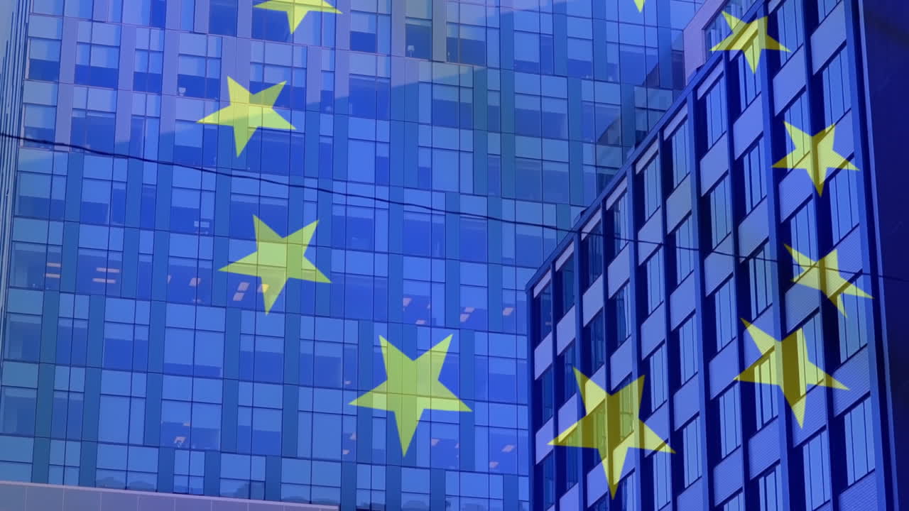 Animazione di una bandiera UE che sventola sullo sfondo di edifici alti