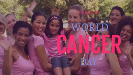 animation of world cancer day over happy diverse women waving at camera