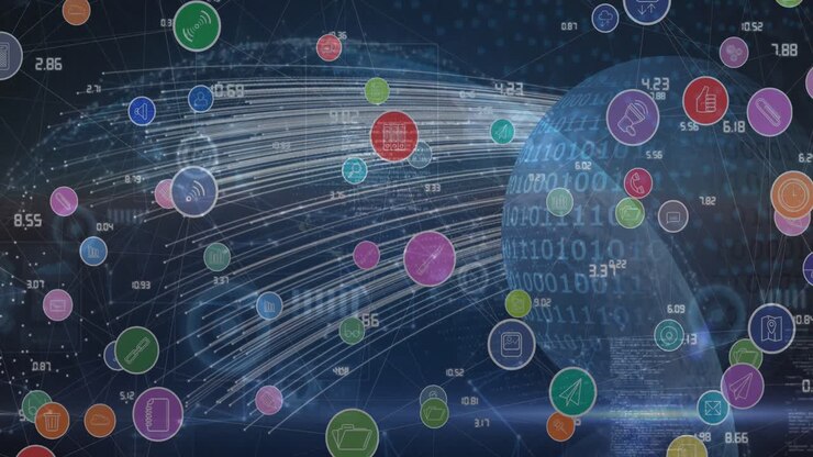 Animation of network of digital icons and data processing against light trails over globe