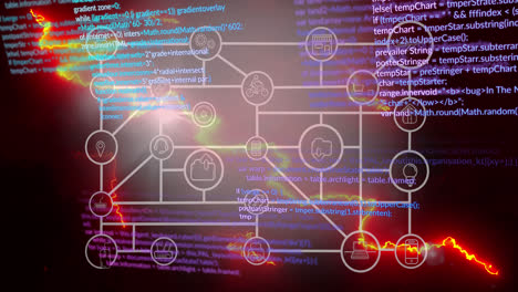 animation of data processing and media icons on black background