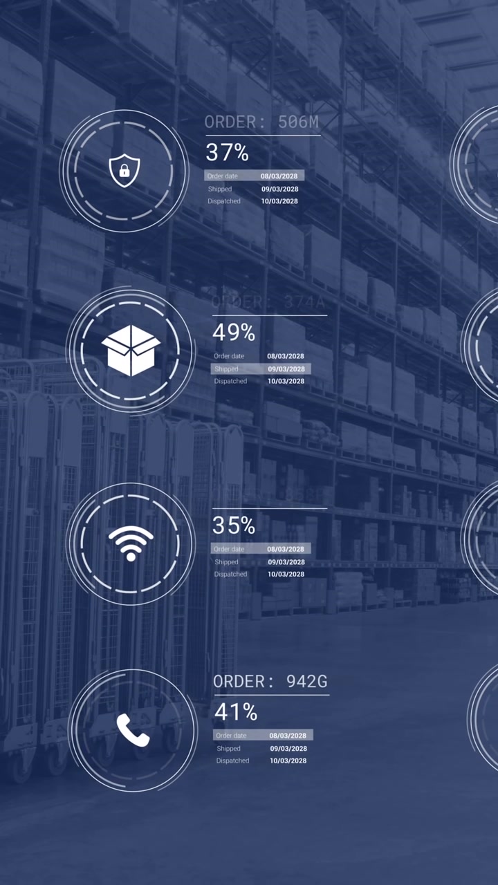 Animation of icons with data processing over warehouse