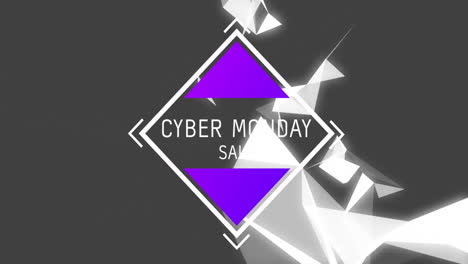 cyber monday sale with purple geometric shapes on dark background animation