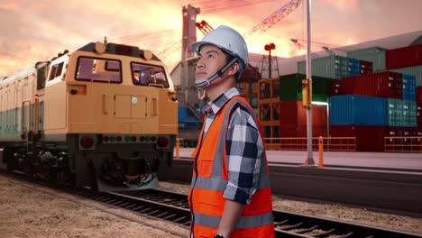 worker at a train and container port