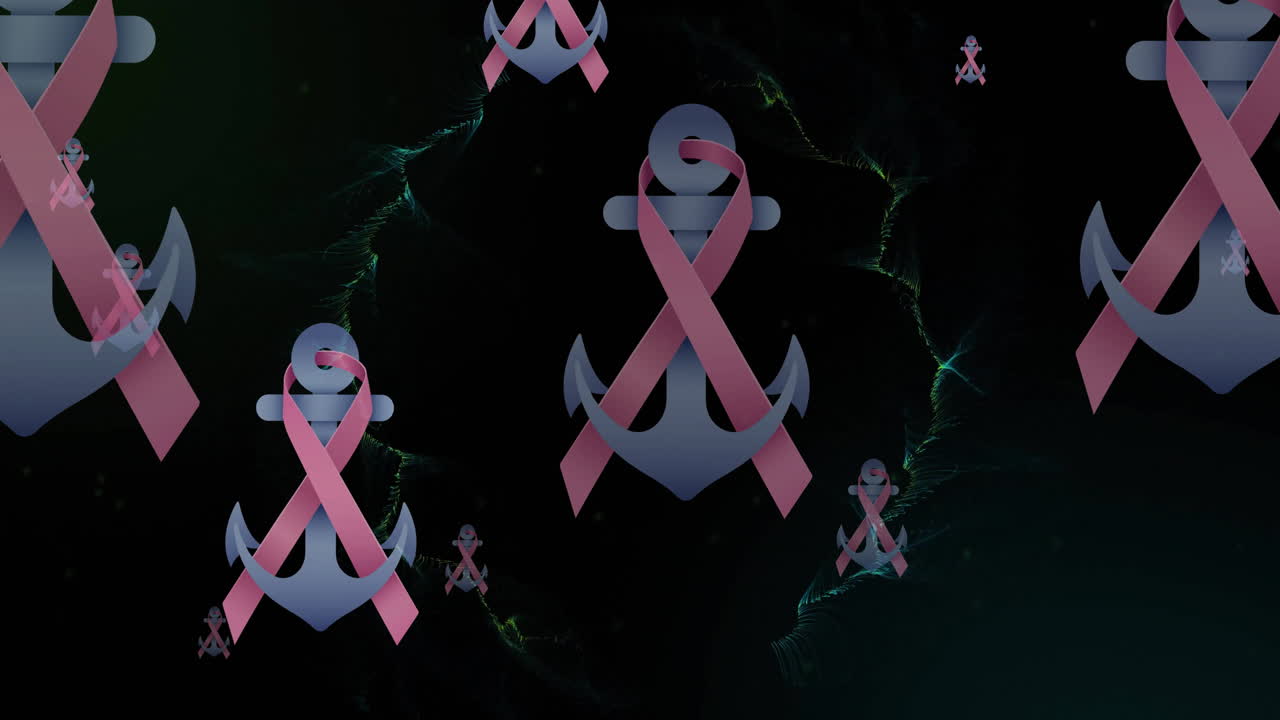 검은색 배경에 렌즈 플레어 위를 날아다니는 커에 분홍색 리본의 애니메이션