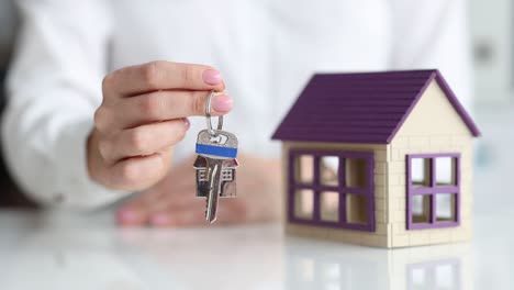 real estate agent shows model of house and keys