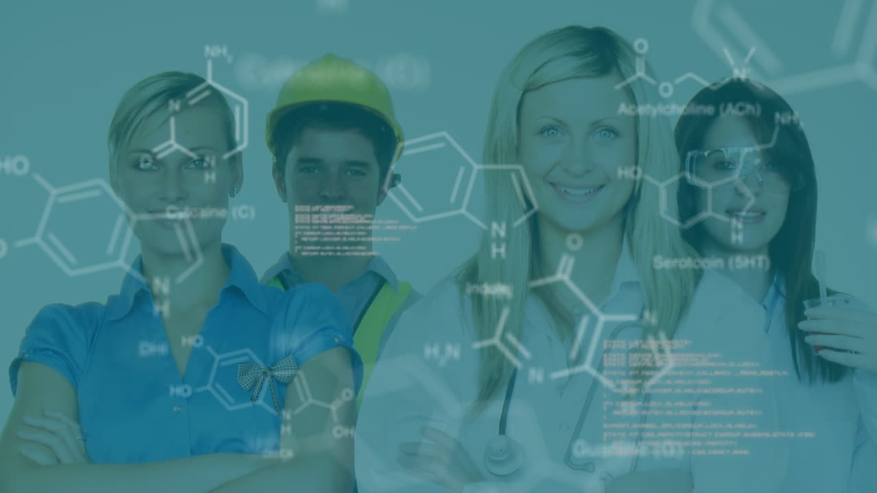 animación del procesamiento de datos y la fórmula química sobre diversos médicos