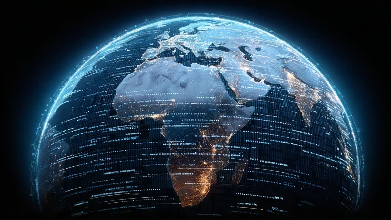 Stunning View of Earth at Night Highlighting the African Continent with Glowing City Lights and Data Stream Visualizations Showcasing Global Connectivity
