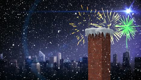 Animation-of-fireworks-exploding-over-snow-covered-chimney-and-cityscape