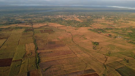 aerial view of sunlit farmlands, evening in rural africa - reverse, drone shot