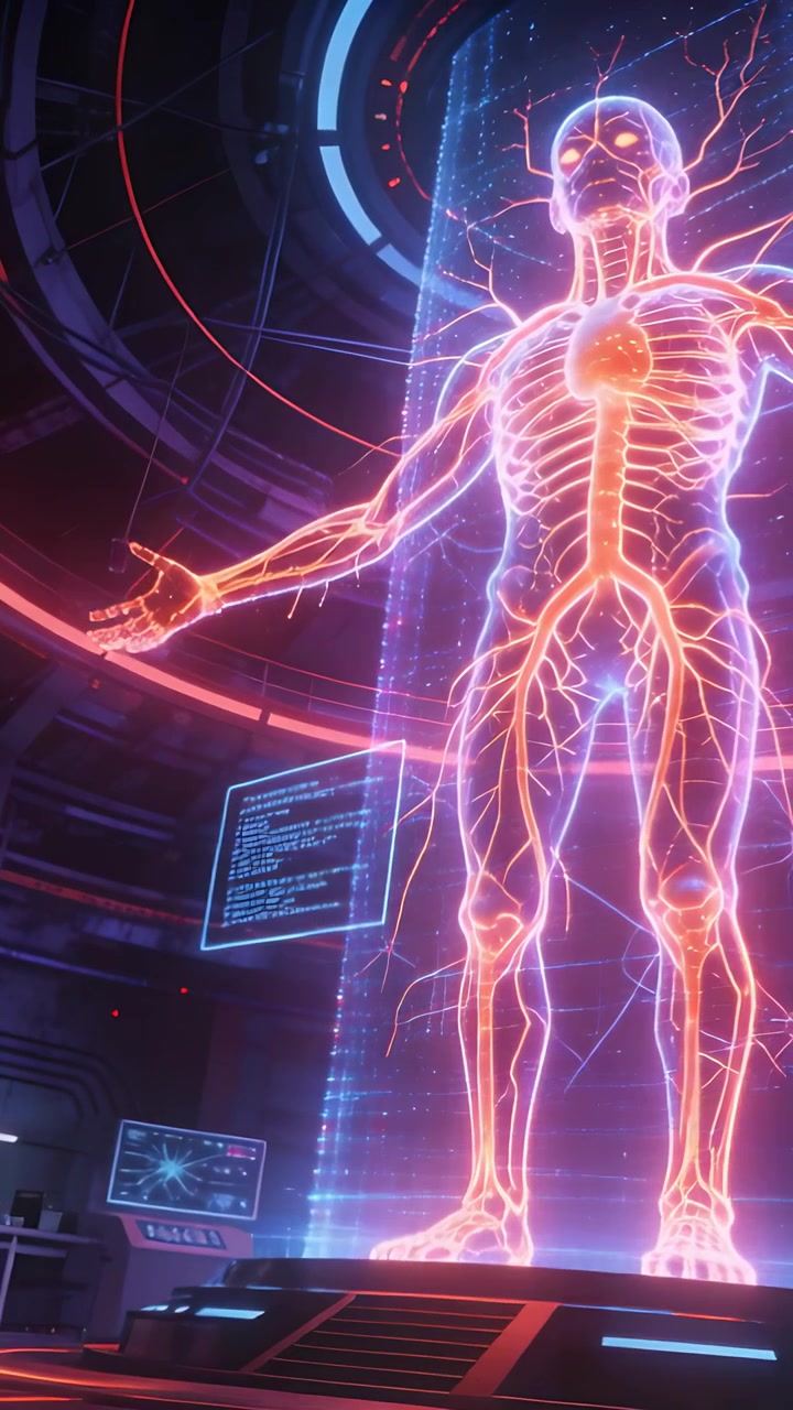 Vertical video: Displaying body hologram raising arm in lab, system initiating scan with UI panels