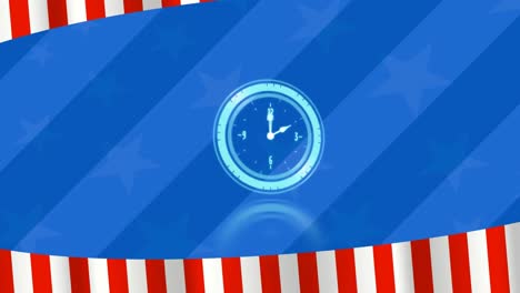 Animation-of-neon-ticking-clock-over-blue-background-with-copy-space-against-american-flag-design