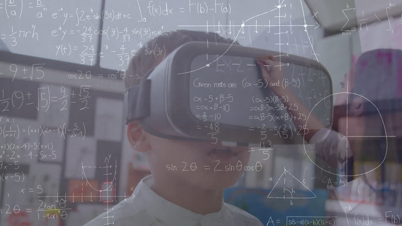 vr 헤드 ⁇ 을 사용하는 백인 학교생에 대한 수학 방정식의 애니메이션