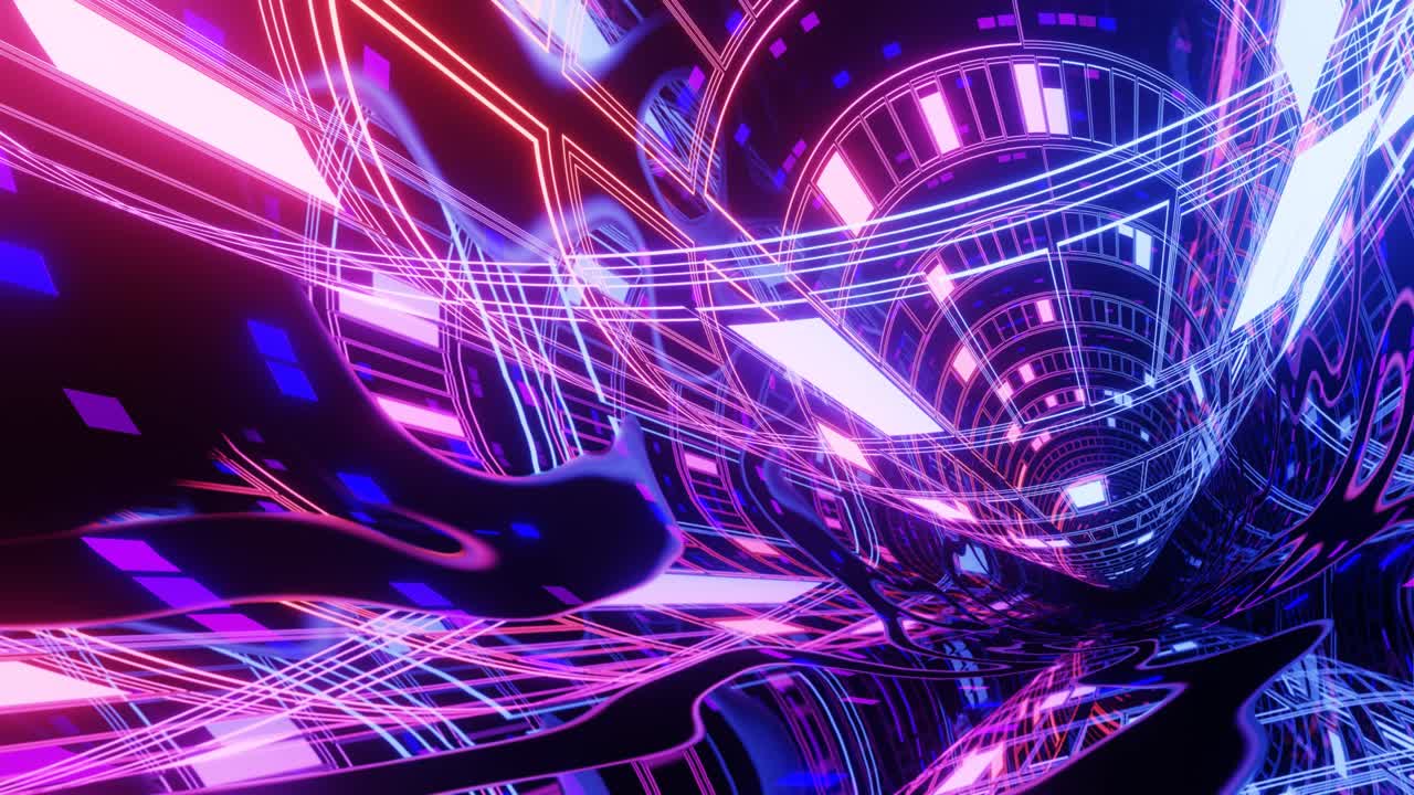túnel de ciencia ficción de neón de alta tecnología. líneas de brillo de neón a la moda forman patrones y construcción en túneles de espejo. volar a través del ciberespacio tecnológico. anillos de neón. fondo de juventud brillante de 4k sin costuras en bucle 3d