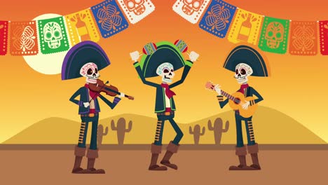 dia de los muertos celebration with skulls mariachis in desert and garlands