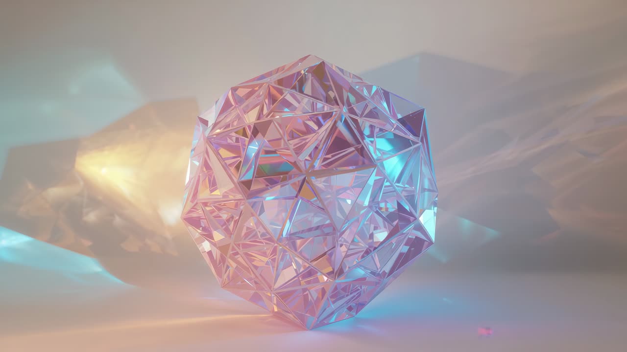 Sequence start initiating polyhedron spinning on smooth white platform under amber and teal lights