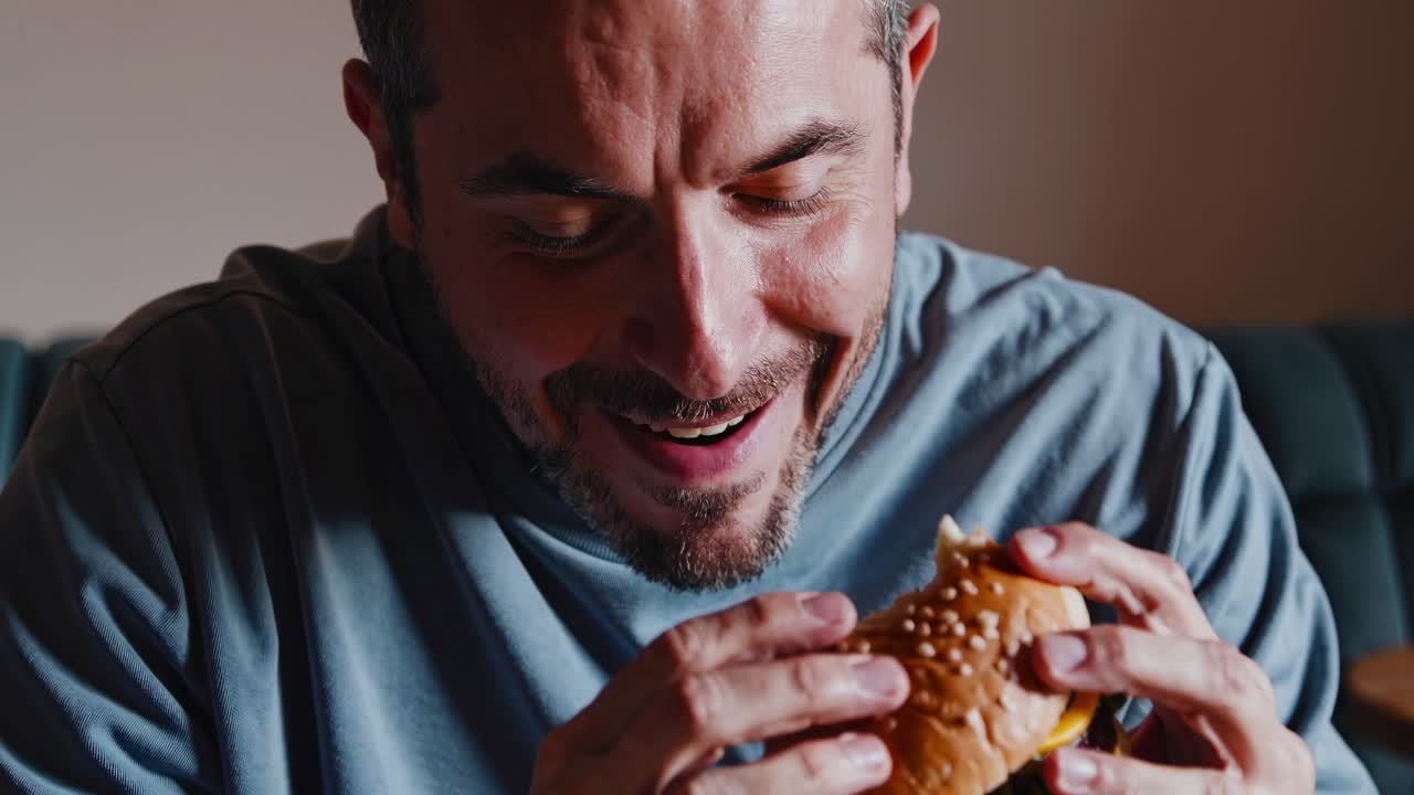 hombre comiendo una hamburguesa