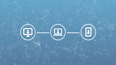animación de tres iconos de interfaz de computadora digital blancos con estructura de plexo sobre fondo azul