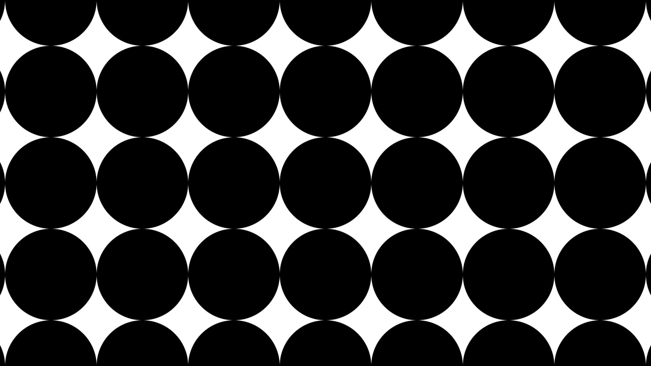 Motivo geometrico animato in bianco e nero. Cerchi in un mosaico dinamico minimale. Sfondo motion graphic in design piatto