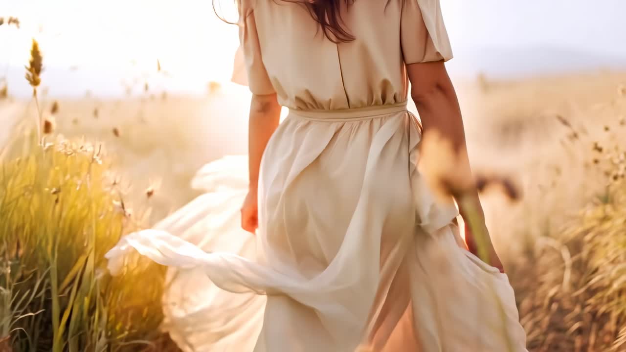 Une vidéo montre une femme vêtue d'une robe fluide marchant dans un champ ensoleillé.