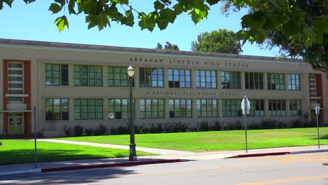 establishing shot of a typical american public school