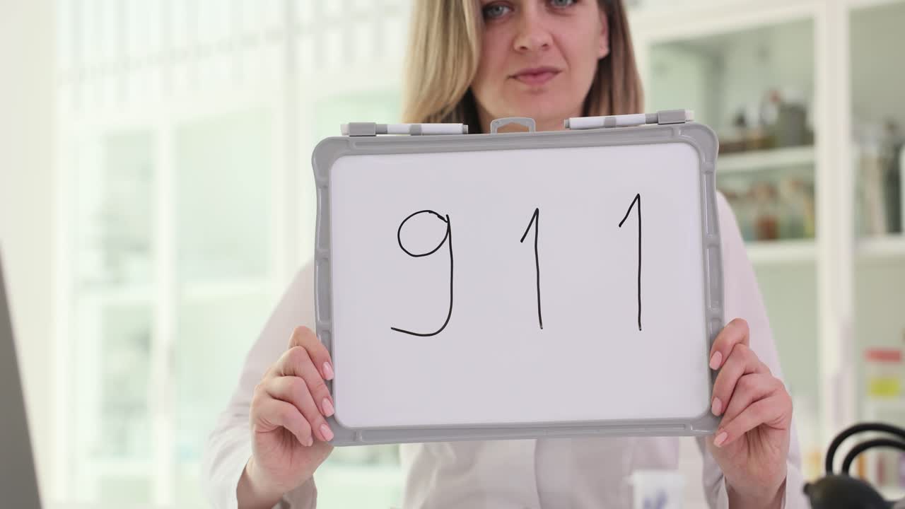 Woman holding a 911 sign for emergency services
