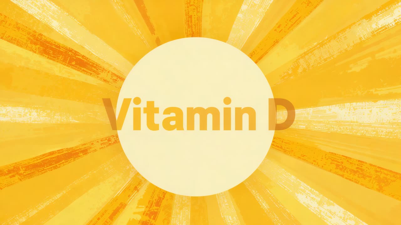 Appearing pale disc overlaid Vitamin D text on sunburst, serving title card with pulsing rays