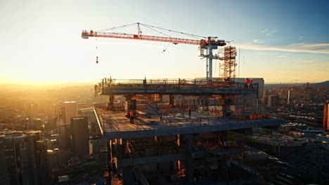 construction workers at a high-rise site during sunset in a bustling city