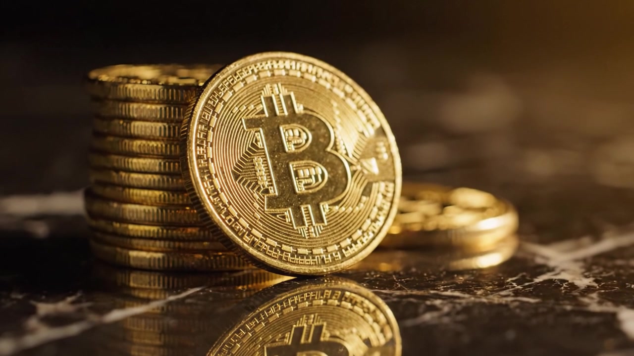 Um Close-up de Moedas Bitcoin Douradas Brilhantes Empilhadas em uma Superfície de Mármore Escuro, Refletindo a Luz e Exibindo o Design Intrincado de Cada Moeda