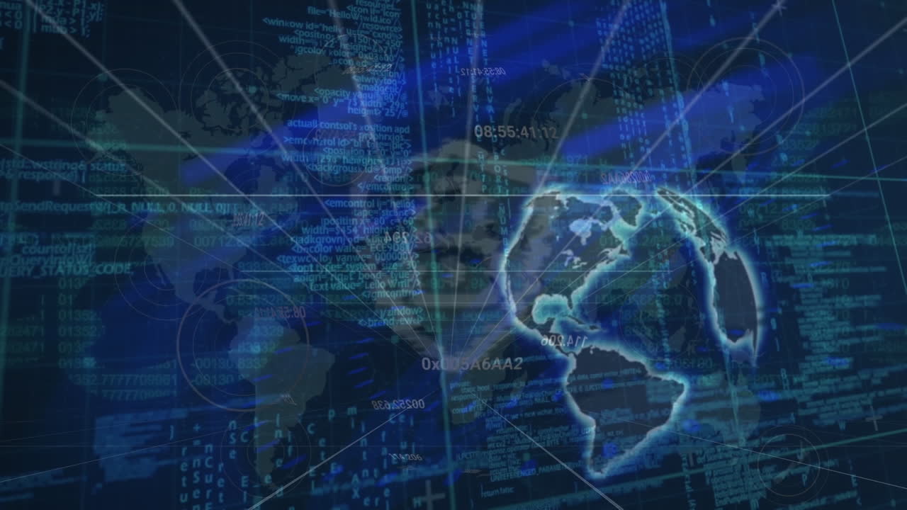 회전하는 지구, 세계 지도 및 보안 잠금 위에 파란 디지털 파동의 애니메이션