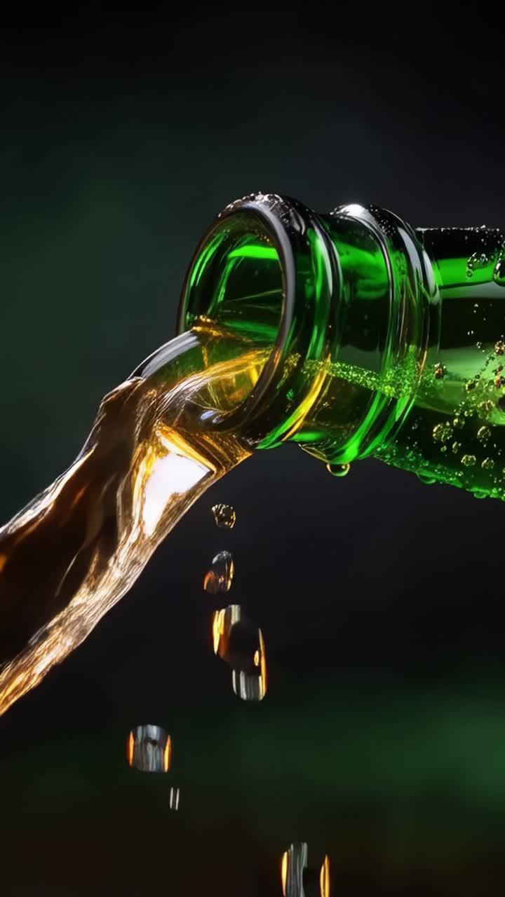 Un primo piano accattivante di liquido che si versa da una bottiglia verde, evidenziando la danza di bolle e luce in un'esperienza visiva ipnotizzante.