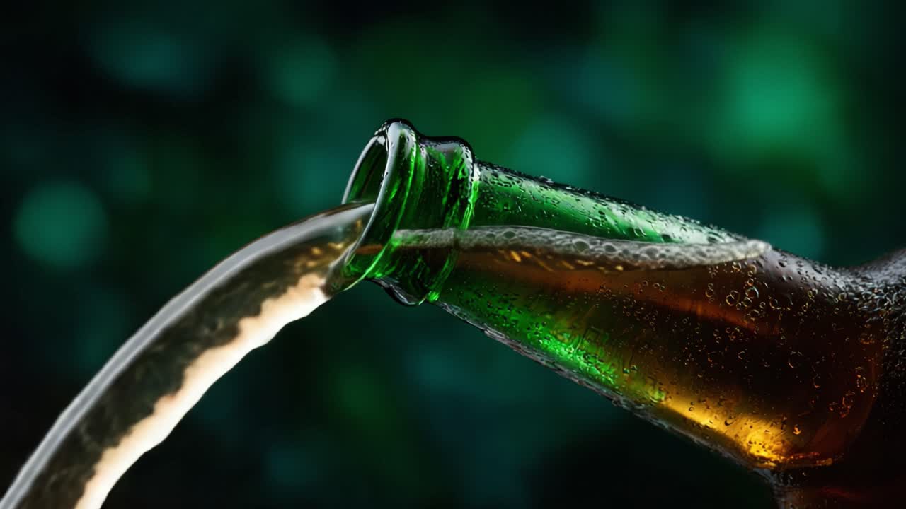 Immagini accattivanti dell'apertura di una bottiglia, che mostrano una bevanda fresca che scorre con effervescenza e goccioline scintillanti, perfette per gli appassionati di bevande.