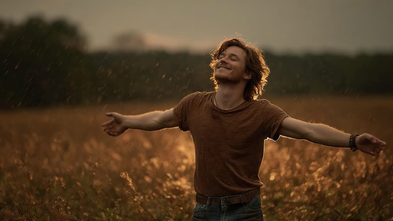 A Young Man Embracing Nature: Experiencing Freedom and Joy in a Rain-Kissed Field During a Serene Sunset, Capturing the Essence of Tranquility and Connection with Nature