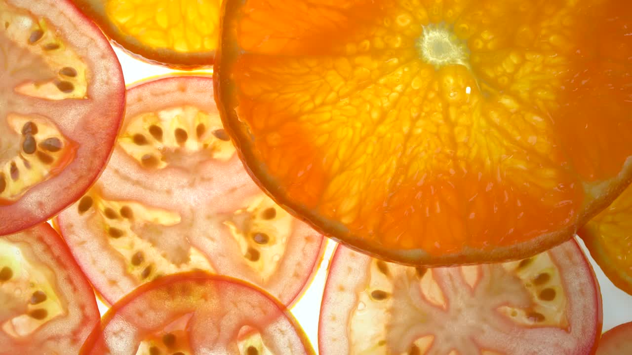 색 배경에 토마토 조각을 회전시키고, 빛 배경에 새로 잘라진 토마토를 가까이 돌려 서서히 회전시니다.